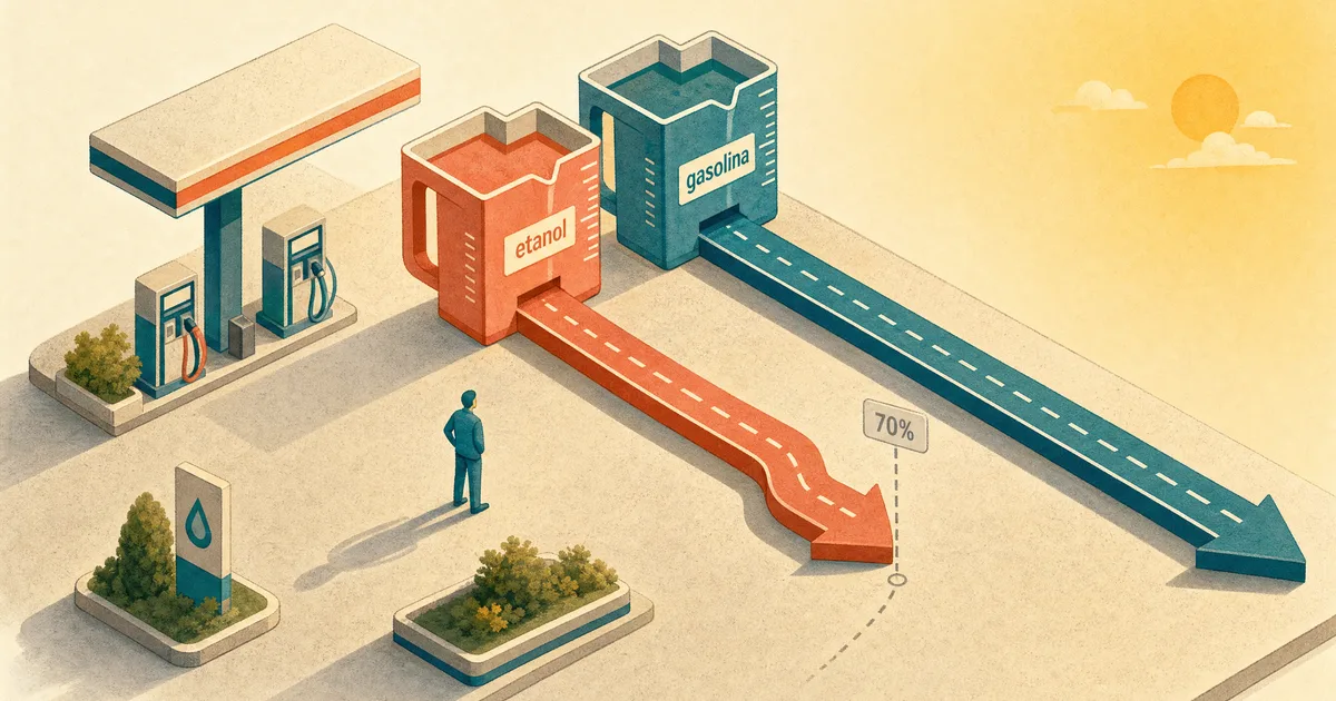 Ilustração isométrica de um posto: dois copos medidores idênticos lançam estradas; a do etanol (coral) chega a cerca de 70% da estrada da gasolina (petróleo-teal), com uma linha tracejada marcando 70%.