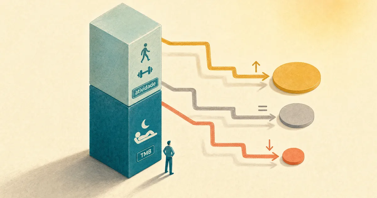 Ilustração isométrica de uma coluna de energia diária em dois blocos empilhados, TMB na base e atividade acima, com três caminhos saindo do topo para os marcadores de déficit, manutenção e superávit.
