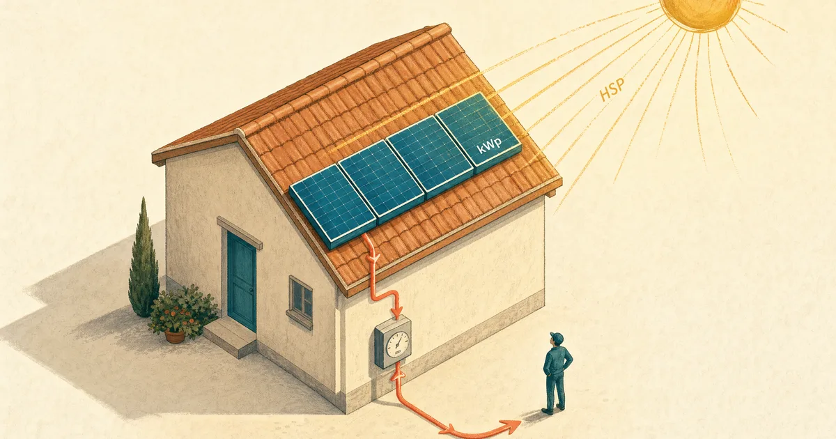 Ilustração isométrica de um telhado com painéis solares em verde-petróleo recebendo raios de sol dourados (HSP), com um fluxo coral descendo até o medidor de energia e uma pessoa observando os painéis.