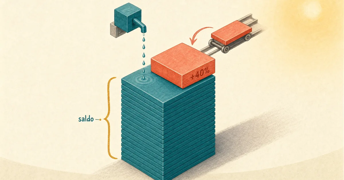 Ilustração isométrica do FGTS em duas camadas: uma pilha teal de lajes finas que formam o saldo acumulado, com um bloco coral separado pousando por cima marcado +40% — a multa que o empregador paga a mais, nunca um desconto.