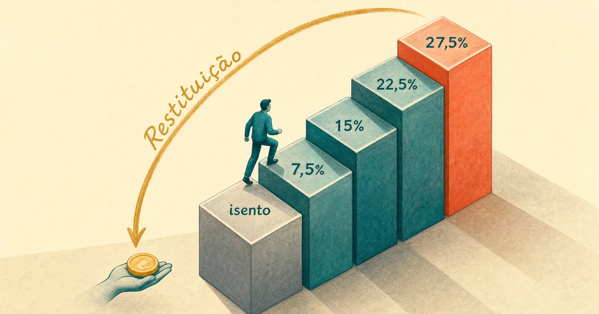 Ilustração isométrica em fundo creme: uma escada de cinco degraus das faixas do IRPF — isento, 7,5%, 15%, 22,5% e 27,5% — subindo do cinza ao coral, com uma figura petróleo subindo os degraus e um arco dourado de 'Restituição' voltando a uma mão que segura uma moeda.