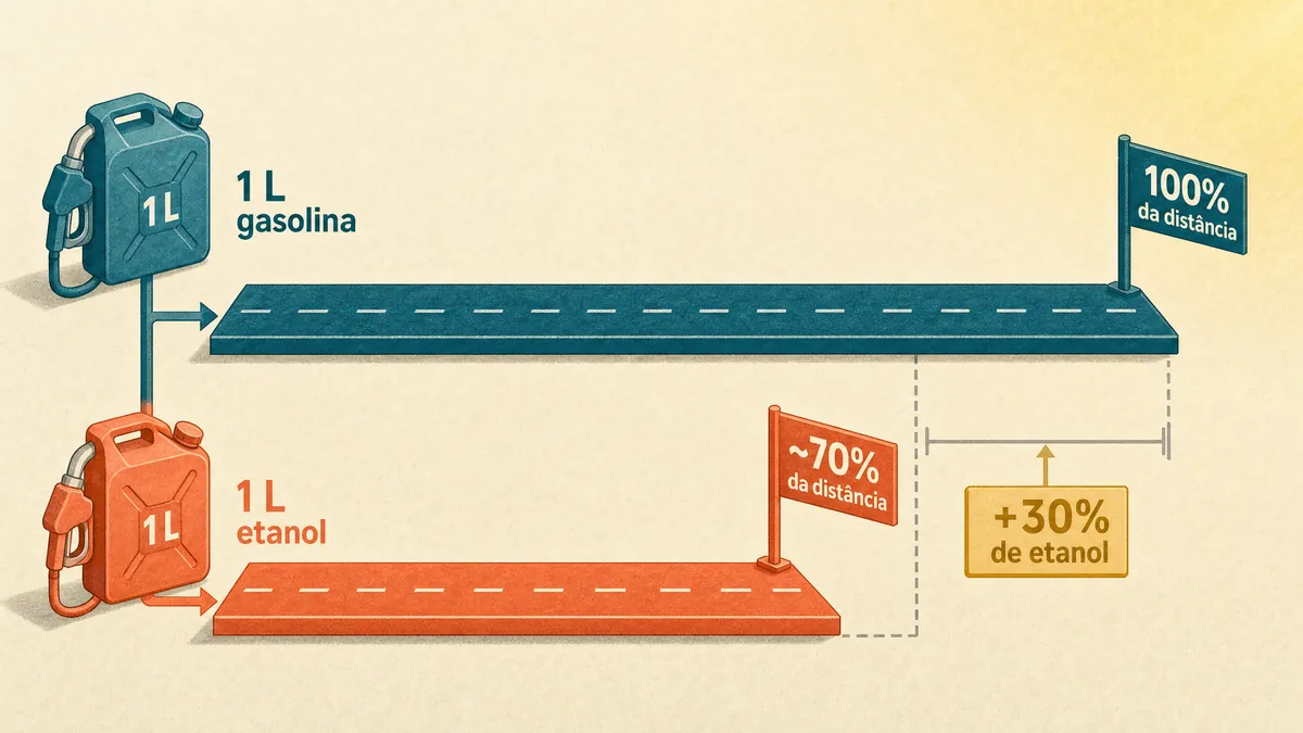 Diagrama com duas pistas que partem do mesmo ponto: a da gasolina (petróleo-teal) vai até o fim marcando 100% da distância; a do etanol (coral) para antes, em cerca de 70%, com uma etiqueta âmbar de +30% de etanol indicando o consumo extra para a mesma distância.