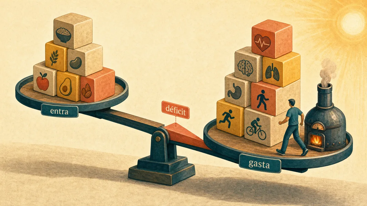 Ilustração de uma balança em que o prato da esquerda (o que entra de calorias) é menor que o da direita (o que o corpo gasta, com uma pessoa em movimento e uma fornalha acesa); a diferença entre os dois é marcada como déficit.