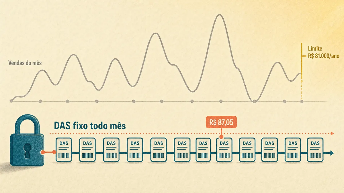 Diagrama editorial em fundo creme com duas faixas horizontais: em cima, uma linha cinza ondulada e irregular rotulada "Vendas do mês" que sobe e desce bruscamente; embaixo, uma trilha reta em petrol-teal com uma fileira de boletos iguais, um cadeado travando a faixa à esquerda e uma etiqueta coral "R$ 87,05", mostrando o "DAS fixo todo mês". À direita, um pequeno marcador âmbar "Limite R$ 81.000/ano" indica o único ponto em que o faturamento importa.