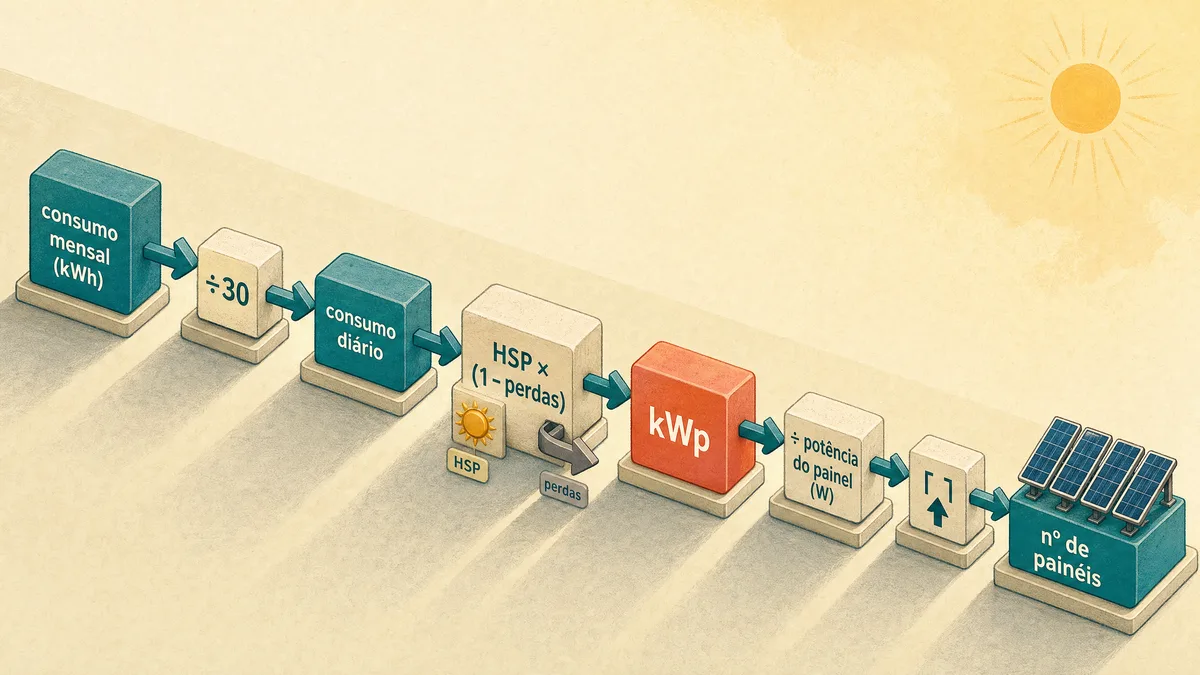 Diagrama do cálculo solar: o consumo em kWh da conta de luz vira potência em kWp dividindo pela HSP com perdas descontadas, e a kWp vira o número de painéis.