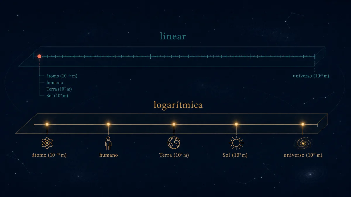 Comparação entre uma régua linear e uma logarítmica do tamanho: na linear, do átomo ao Sol tudo se comprime num único ponto à esquerda enquanto o universo ocupa todo o resto; na logarítmica, Planck, átomo, pessoa, Terra, Sol e universo aparecem espalhados por igual ao longo do eixo.