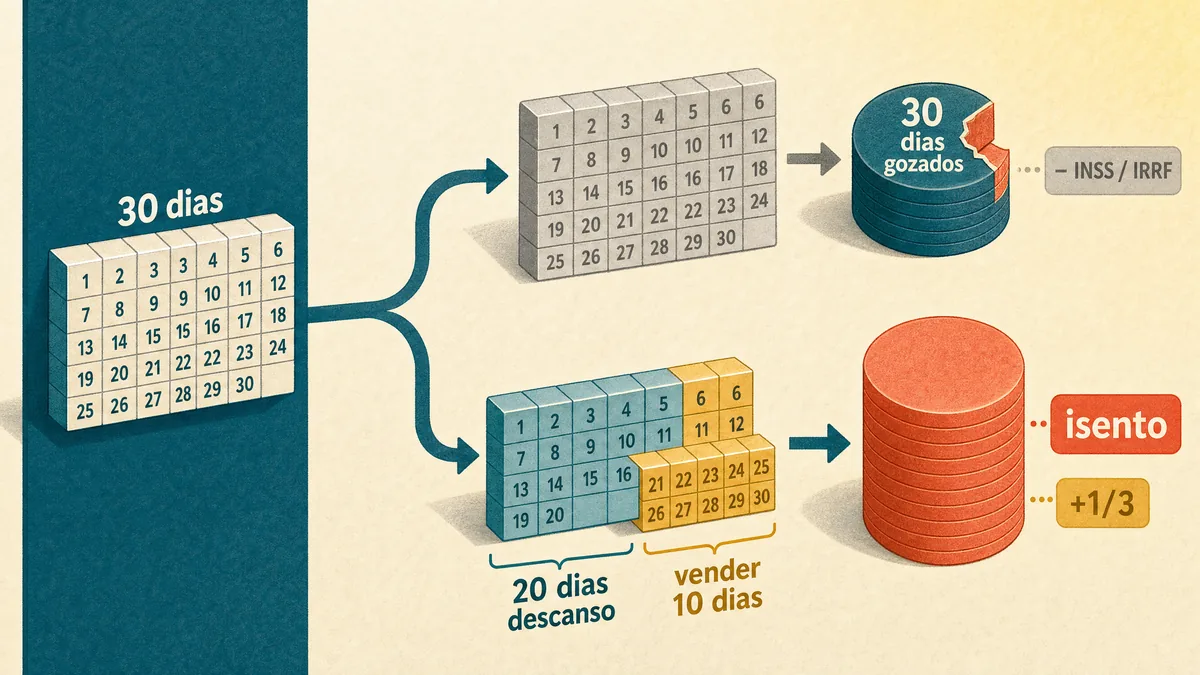 Diagrama de decisão em estilo editorial sobre vender férias: um calendário de 30 dias se bifurca em dois caminhos. O caminho de cima, em cinza, mostra 30 dias gozados virando uma moeda petróleo com uma fatia coral retirada, marcada como sujeita a INSS e IRRF. O caminho de baixo divide o calendário em um bloco petróleo de 20 dias de descanso e um bloco dourado de 10 dias vendidos, que viram uma moeda coral cheia marcada como isenta, visivelmente mais alta que a moeda do outro caminho.