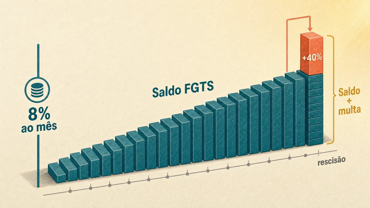 Diagrama isométrico em fundo creme: uma sequência de lajes finas teal crescendo da esquerda para a direita sobre uma linha do tempo cinza, formando o saldo do FGTS pelos depósitos de 8% ao mês; no fim do contrato, um bloco coral marcado +40% pousa por cima da pilha, com um colchete âmbar somando saldo mais multa.