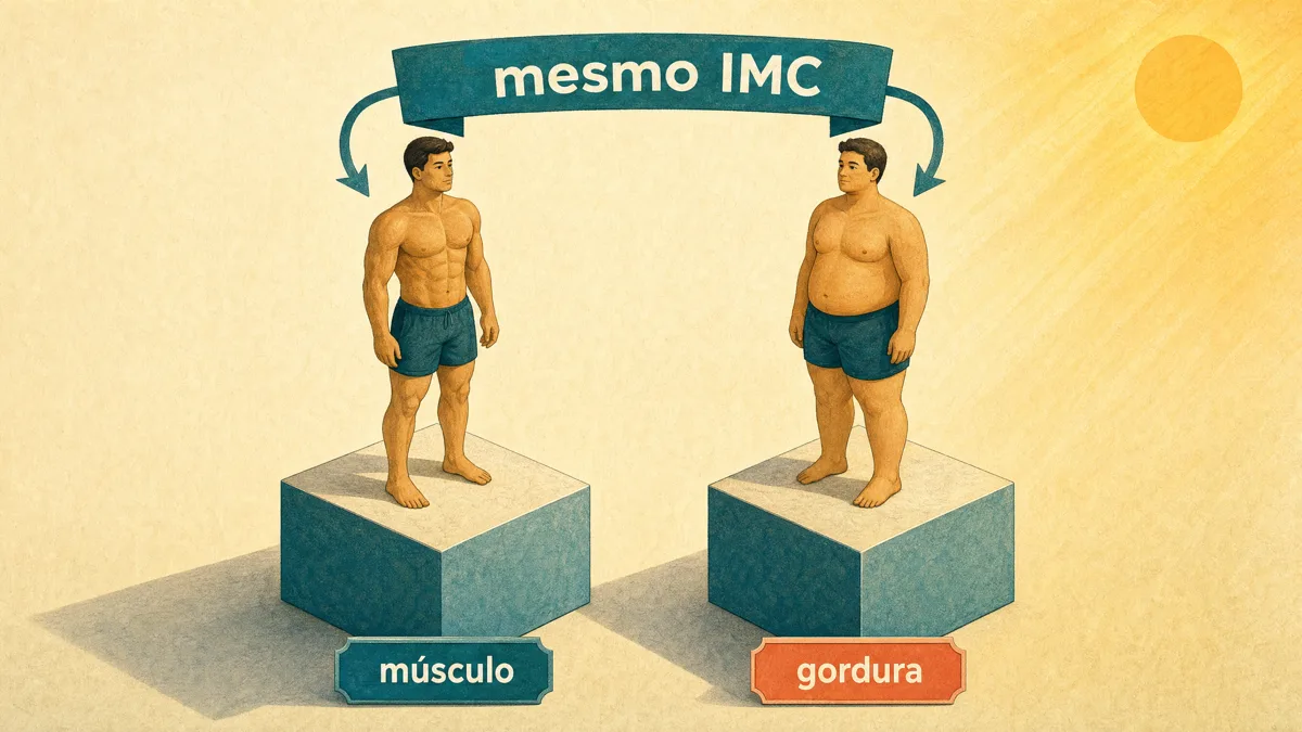 Duas pessoas sobre pedestais de mesma altura sob a legenda 'mesmo IMC': à esquerda uma pessoa magra e musculosa (músculo), à direita uma pessoa com mais gordura corporal (gordura) — o mesmo índice para corpos diferentes.