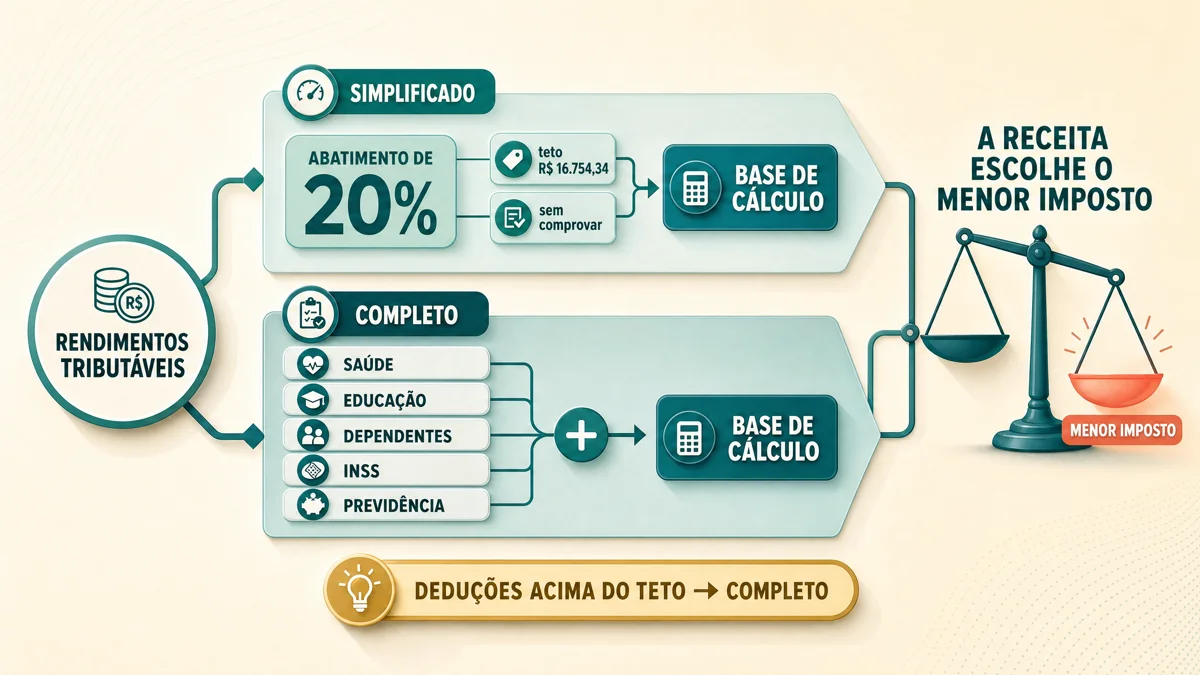 Comparação entre os modelos completo e simplificado: o simplificado aplica um abatimento único de 20% (com teto), o completo soma as deduções comprovadas, e a Receita escolhe o caminho de menor imposto.
