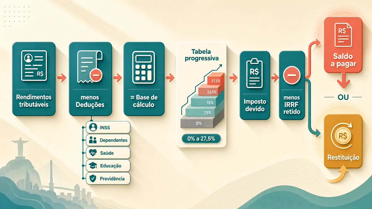 Diagrama do cálculo do Imposto de Renda: o rendimento tributável se divide em dois caminhos, deduções legais (completo) e desconto de 20% (simplificado), cada um levando a uma base e a um imposto, e o menor define o saldo a pagar ou a restituir.