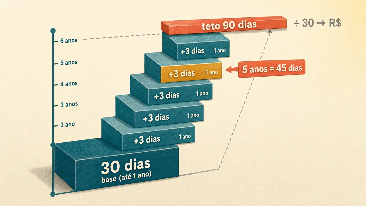 Diagrama em escada isométrica do aviso prévio proporcional: um degrau base em petróleo marcado "30 dias", degraus menores subindo com "+3 dias" por ano completo, um degrau destacado em âmbar e, no topo, uma barra coral "teto 90 dias", com a indicação "5 anos = 45 dias" e a conversão "÷ 30 → R$".