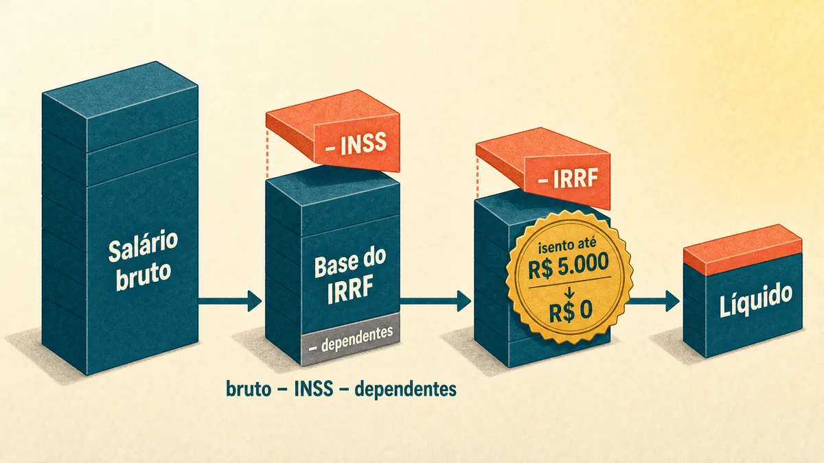 Diagrama de fluxo em duas etapas: do bloco do salário bruto em petróleo sai uma fatia coral do INSS, restando um bloco menor chamado "Base do IRRF" (bruto menos INSS menos dependentes); sobre essa base menor incide o IRRF, mas um selo âmbar de isenção até R$ 5.000 zera o imposto, terminando no bloco do líquido.