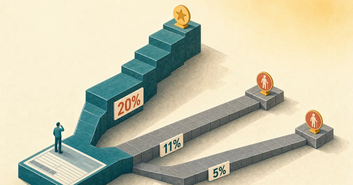Ilustração isométrica em tom creme: de um carnê da GPS petróleo saem três trilhos — o largo, em petróleo, sobe em degraus rumo à aposentadoria (com o selo 20% em coral e um marcador dourado no teto), enquanto dois trilhos cinzas mais finos, 11% e 5%, seguem planos e travados no salário mínimo.