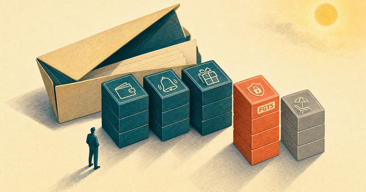 Ilustração isométrica do acerto da rescisão CLT: uma pasta aberta da qual saem cinco verbas em blocos petróleo, a multa do FGTS destacada em coral e um bloco cinza recuado, com uma pequena figura ao lado.