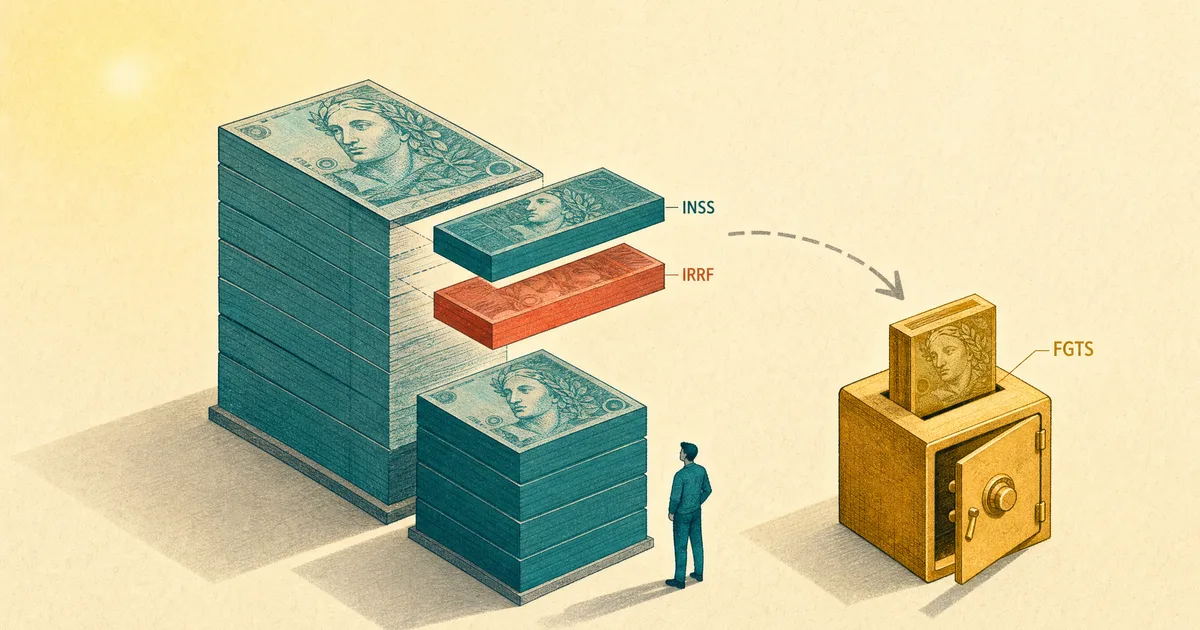 Ilustração isométrica de uma pilha de notas do salário bruto com duas fatias se soltando, INSS em petróleo e IRRF em coral, deixando a pilha menor do líquido; ao lado, um cofre cor de âmbar recebe o FGTS pago pelo empregador.