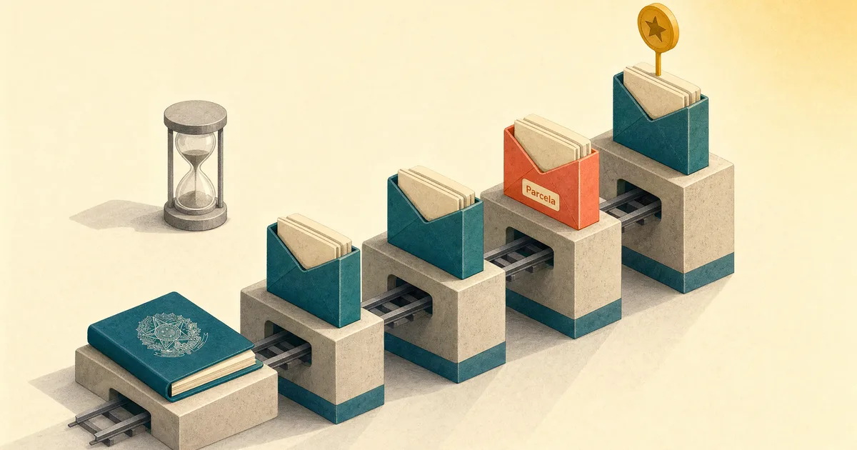 Ilustração isométrica de uma carteira de trabalho petróleo fechada à esquerda, ligada por um trilho a quatro envelopes de parcela que sobem em degraus; um deles, em coral, traz o rótulo Parcela, e um marcador âmbar acima do mais alto sinaliza o teto. Ao fundo, uma ampulheta cinza lembra o prazo do pedido.