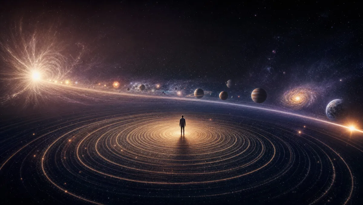 Uma única vela acesa diante de um céu noturno estrelado, a vida humana na escala do cosmos.